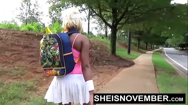 Watch Young Ebony Sucking Old Cock Stranger In Public Giving Blowjob While Kneeling With Her Large Natural Breasts and Areolas Out Of Her Top, Sheisnovember Then Walks While Flashing Her Panty During Upskirt With Curvy Hips by Msnovember fresh Clips