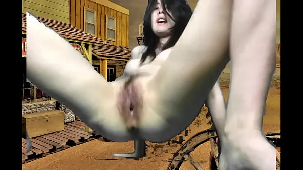 Se Giant Asian Cowgirl masturbates on main street in a Wild West town friske klip
