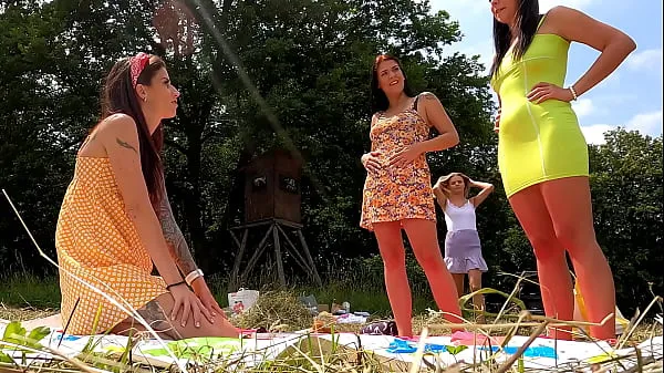 Watch Party Girls Outdoors No Panties and with Lingerie in Miniskirt and Short Sun Dress Try On with Twister Game Play fresh Clips